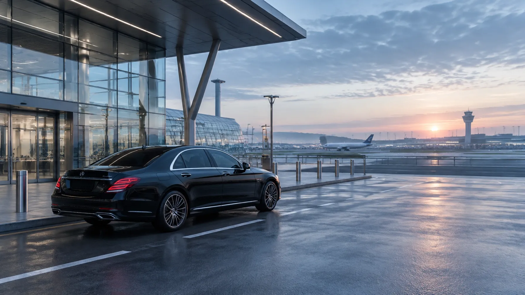 Black executive sedan waiting outside an international airport terminal
