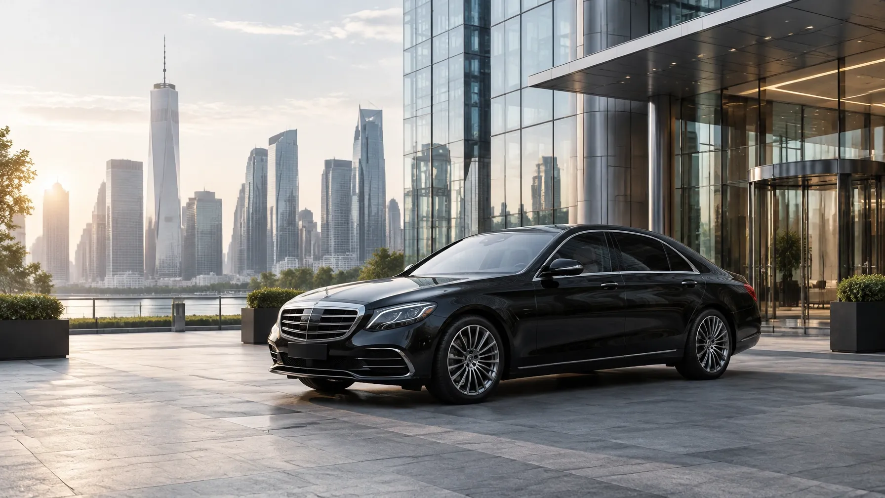 Executive sedan outside a modern glass office tower
