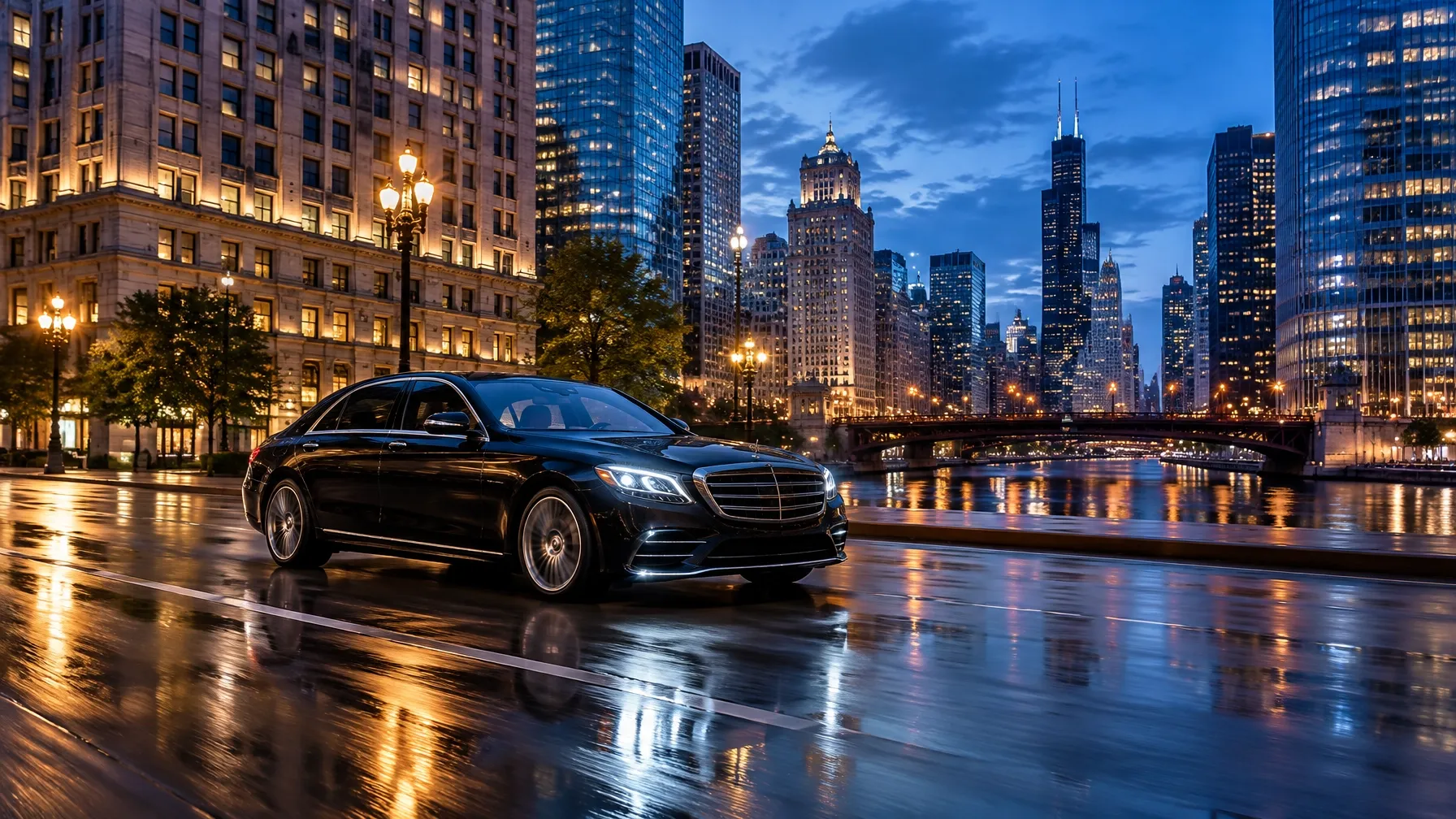 Black executive sedan on a city street at dusk