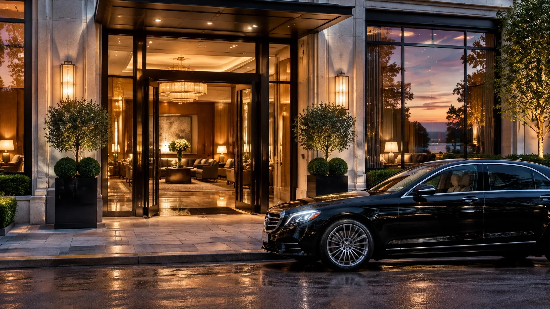 Elegant hotel entrance with a black chauffeur sedan at twilight