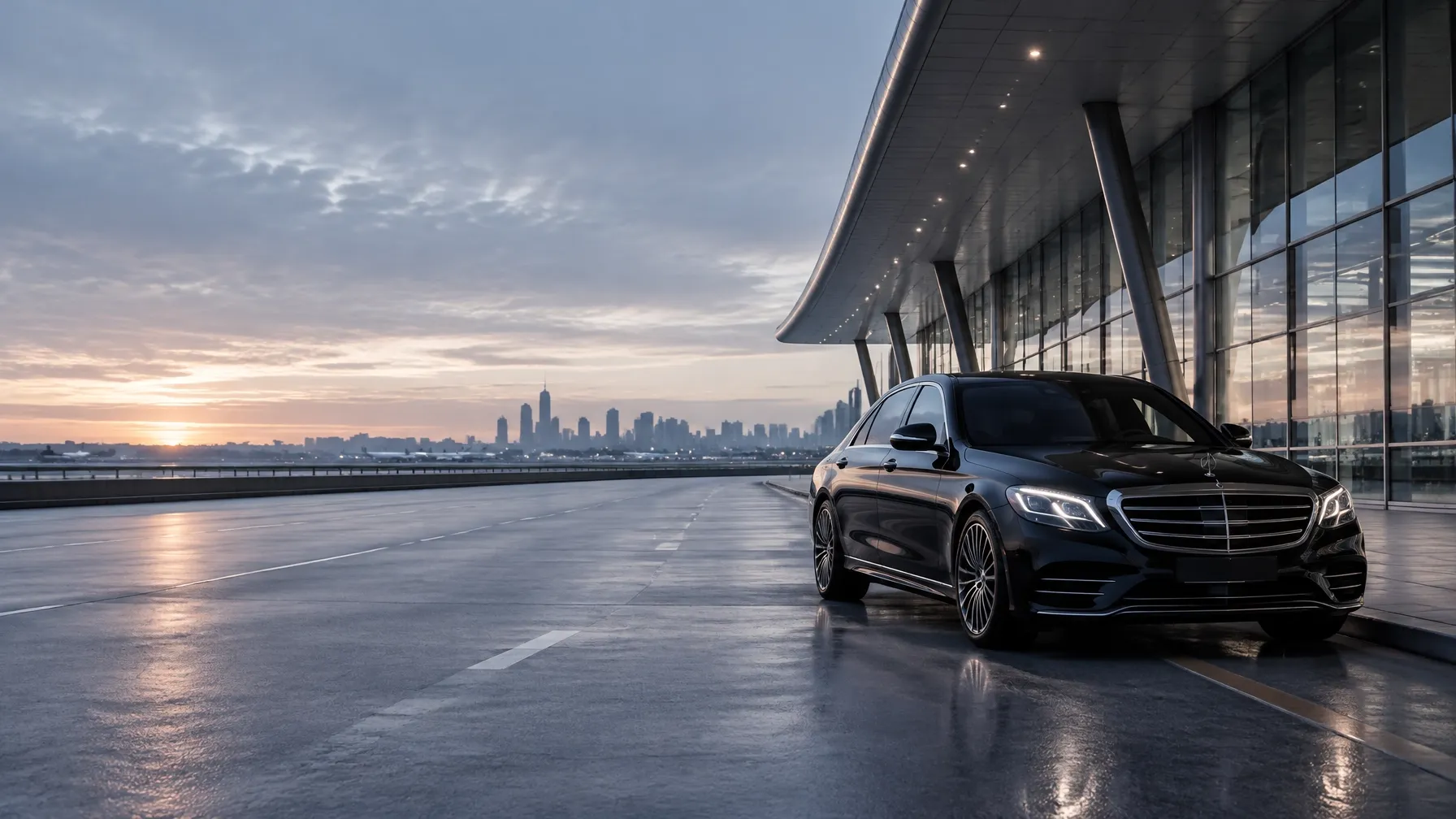 Black executive sedan at a glass airport terminal before sunrise