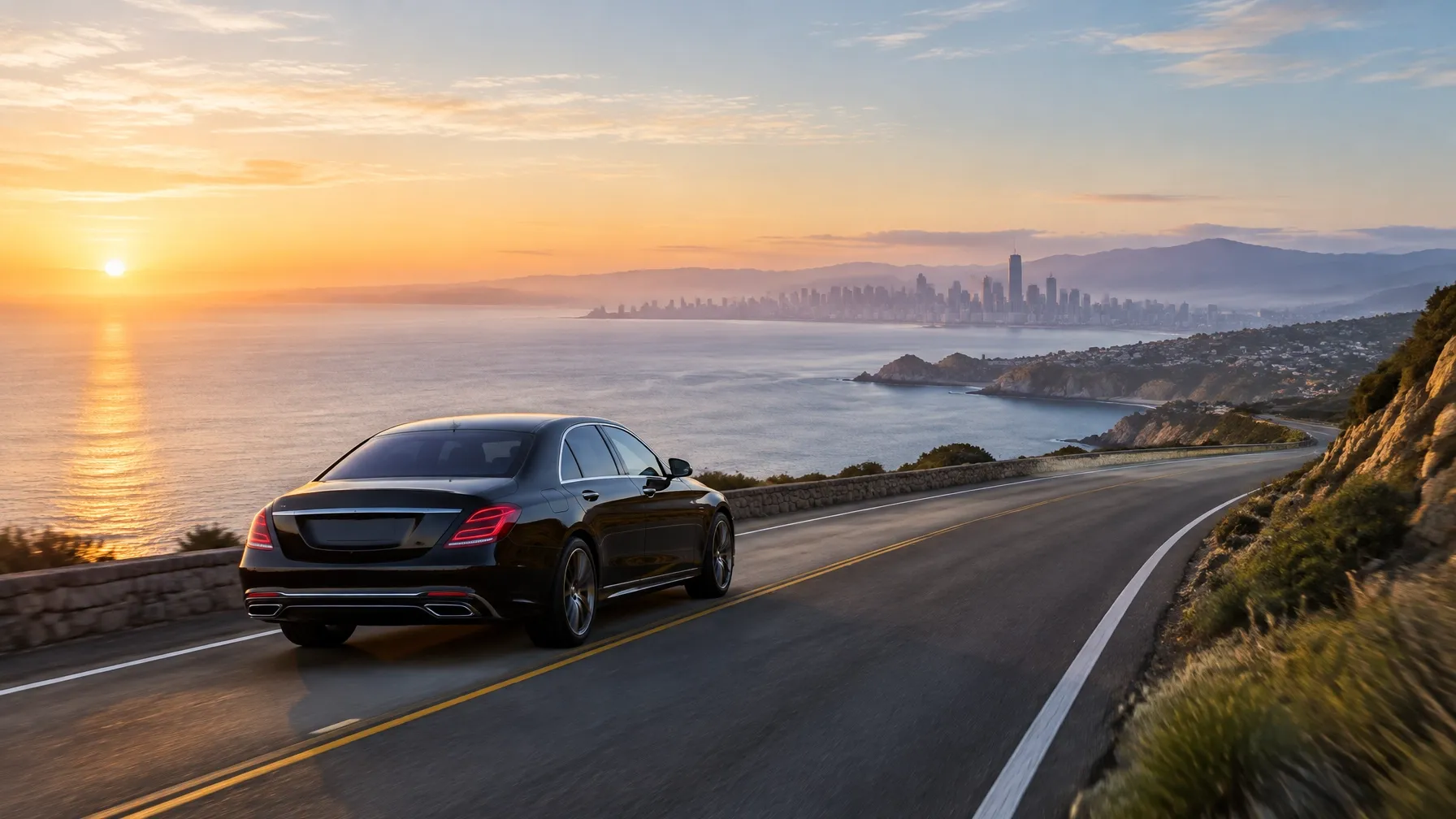 Black executive sedan on a scenic road at sunrise