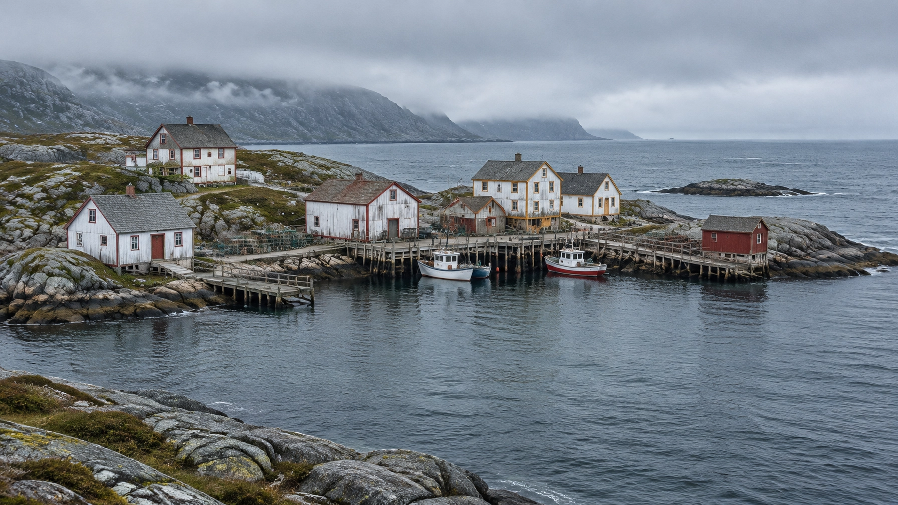 Historic white fishing buildings with red trim along a rocky Labrador island harbour