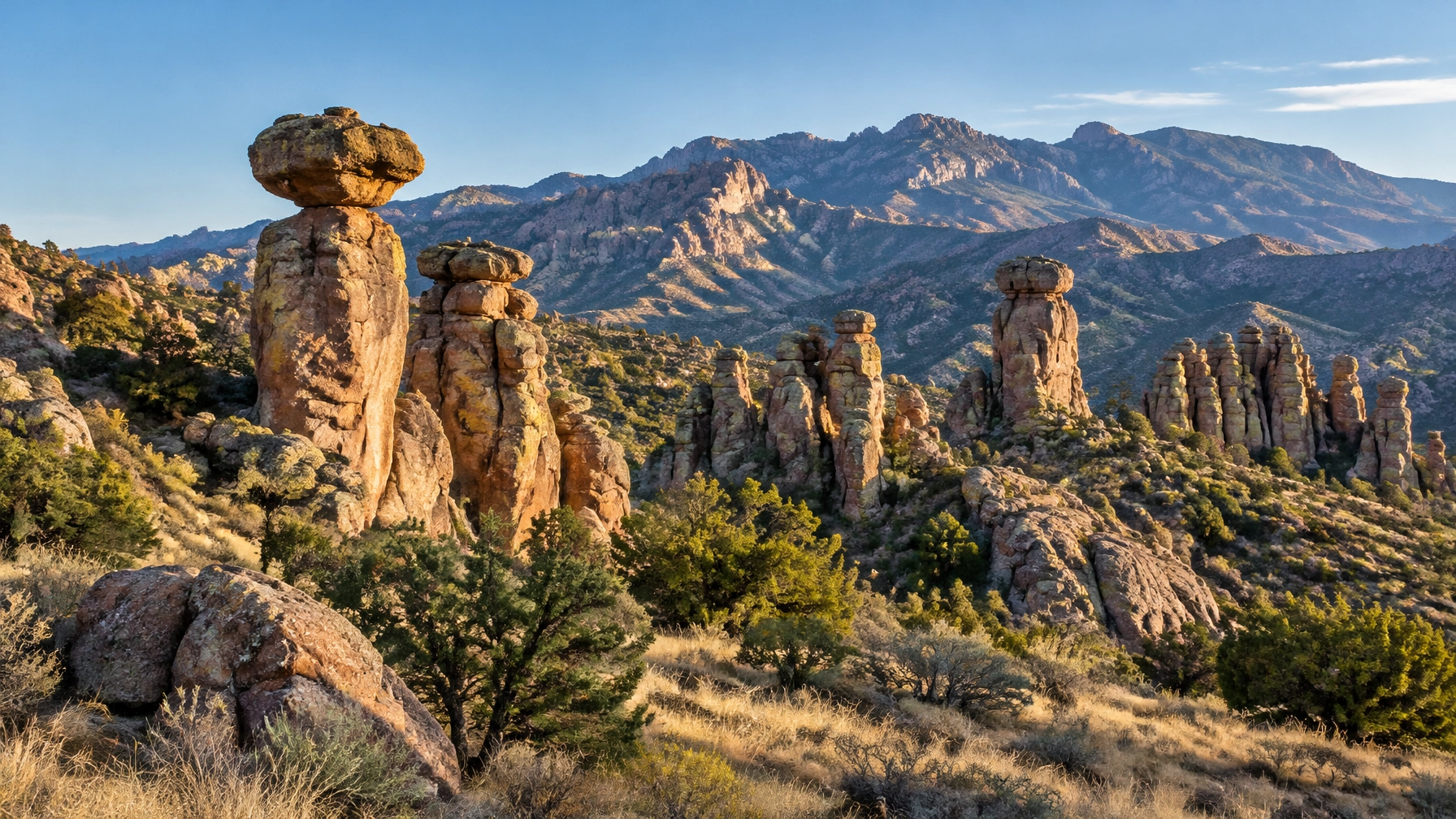 Rhyolite rock spires and balanced hoodoos across Chiricahua in southeastern Arizona