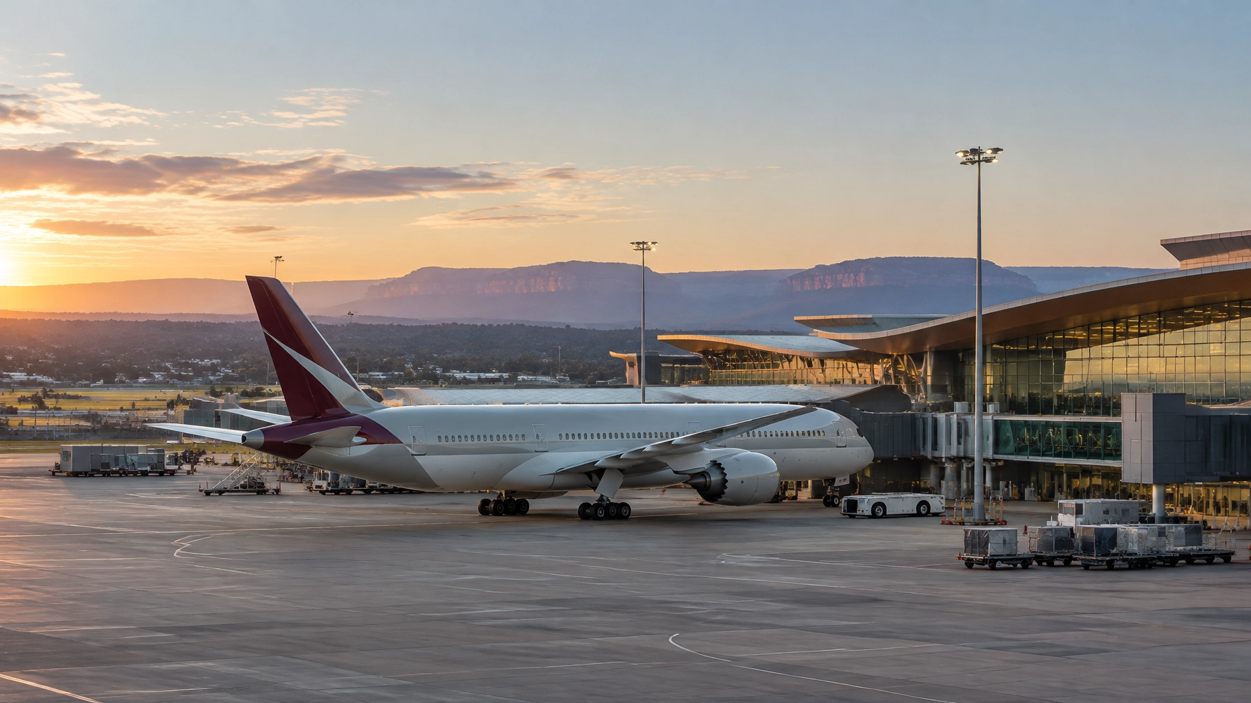 Widebody passenger aircraft at the new Western Sydney airport terminal at dawn