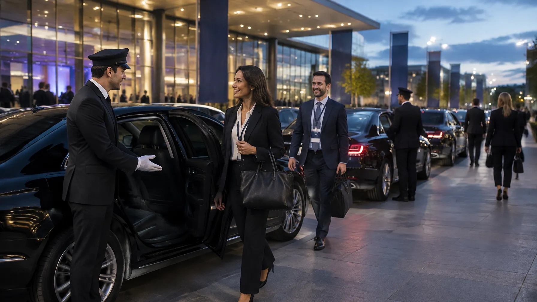 Chauffeur welcoming guests at a contemporary event venue.