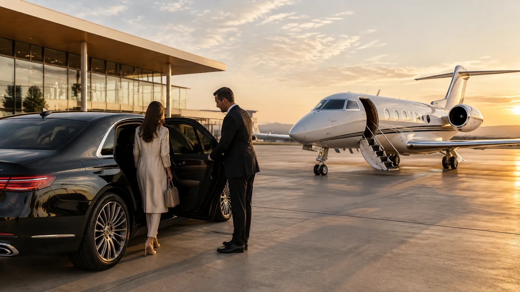 Black luxury sedan next to a private aviation terminal and business jet.