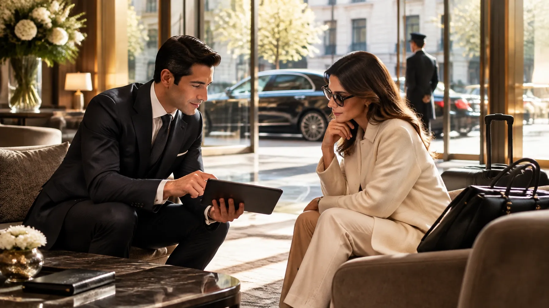 Concierge coordinating a traveller’s city transportation at an elegant hotel.