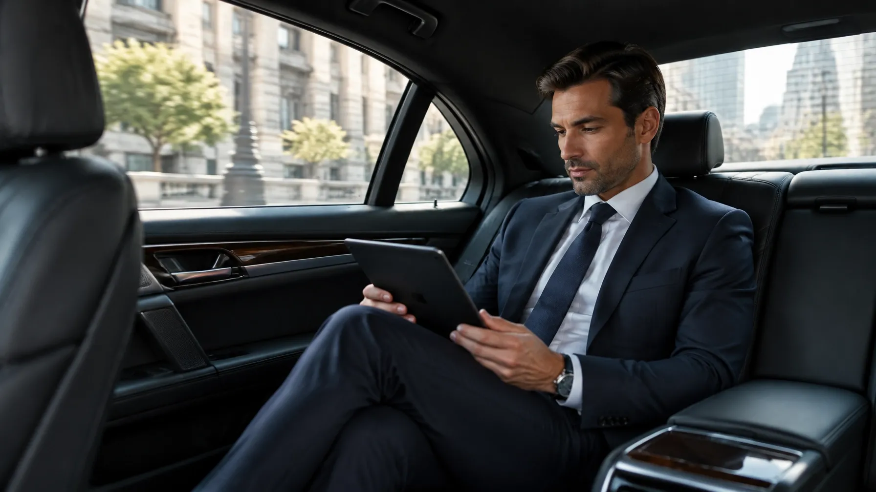 Business executive in the rear seat of an executive chauffeur sedan.