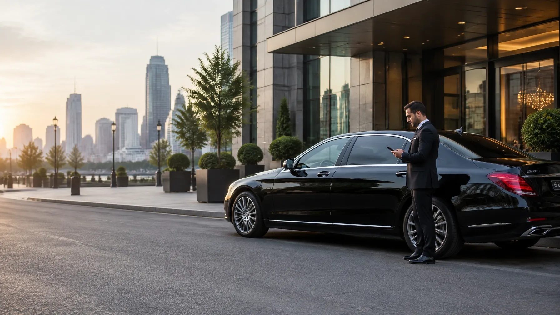 Black executive sedan and chauffeur waiting outside a city hotel.