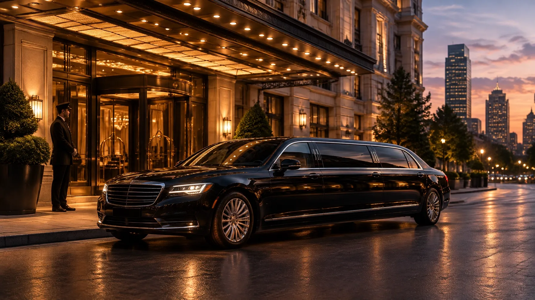Elegant black limousine waiting at the entrance of a grand city hotel.