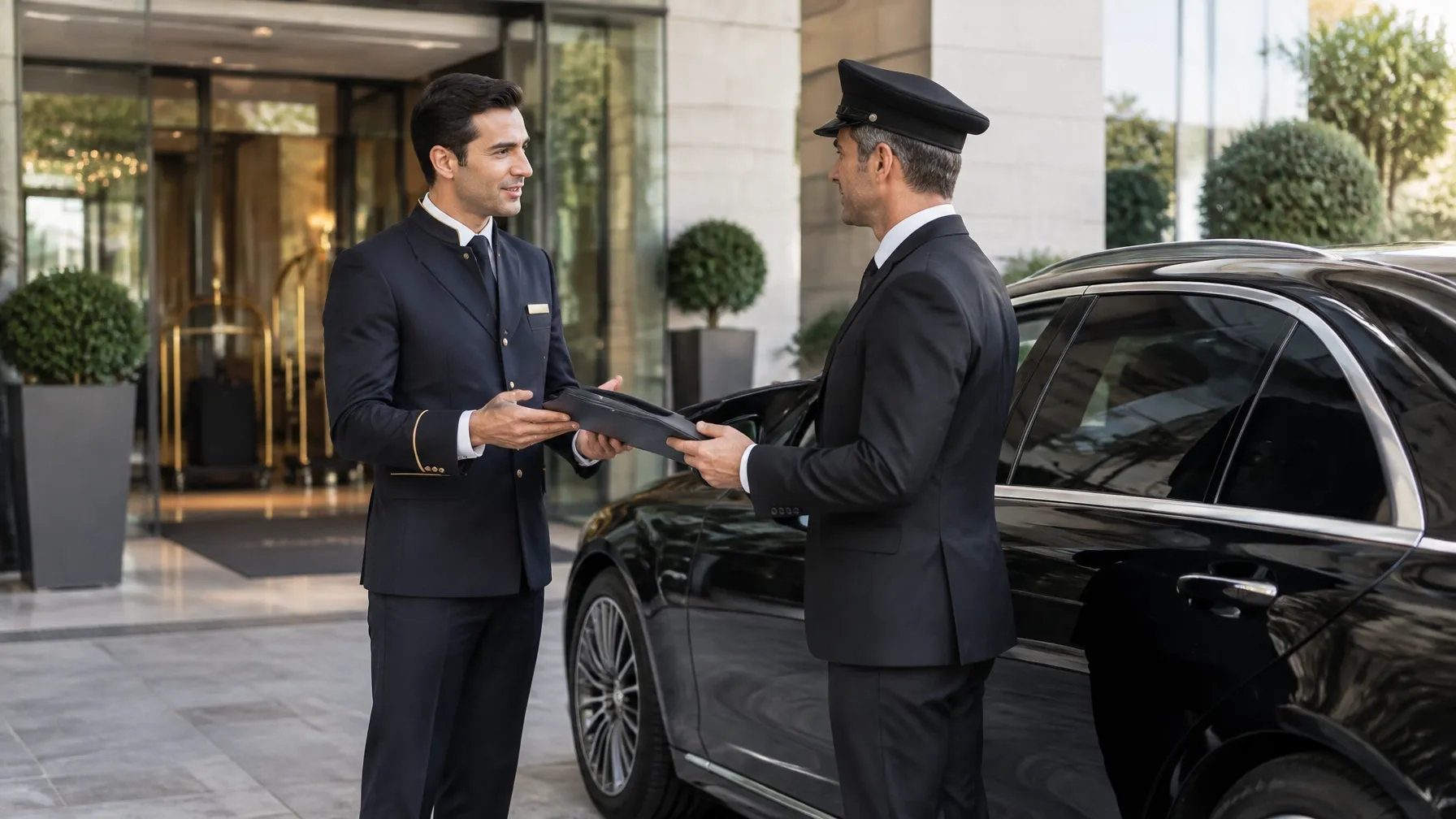 Hotel concierge coordinating a guest pickup with a chauffeur.