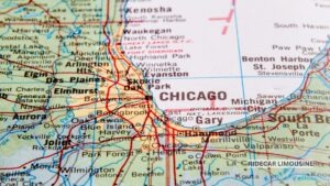 Map highlighting major cities and key travel routes in Illinois showcasing RideCar Limousine’s city-to-city service coverage.