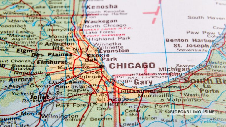 Map highlighting major cities and key travel routes in Illinois showcasing RideCar Limousine’s city-to-city service coverage.